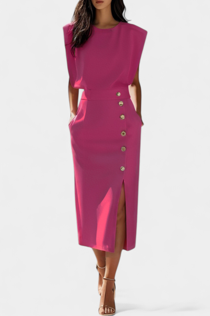 Ceecee Vestido Midi de Manga Larga con Botones Decorativos