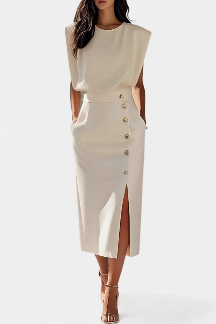 Ceecee Vestido Midi de Manga Larga con Botones Decorativos