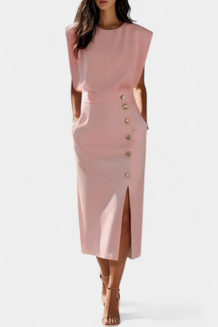 Ceecee Vestido Midi de Manga Larga con Botones Decorativos
