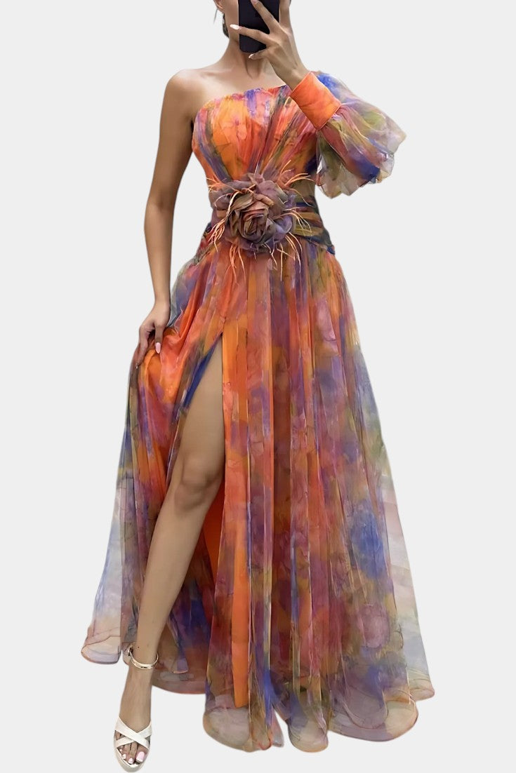 Vestido Largo Amelie Asimétrico – Elegancia de Un Hombro con Estampado Artístico
