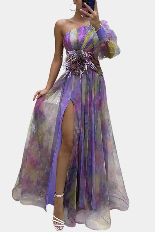 Vestido Largo Amelie Asimétrico – Elegancia de Un Hombro con Estampado Artístico