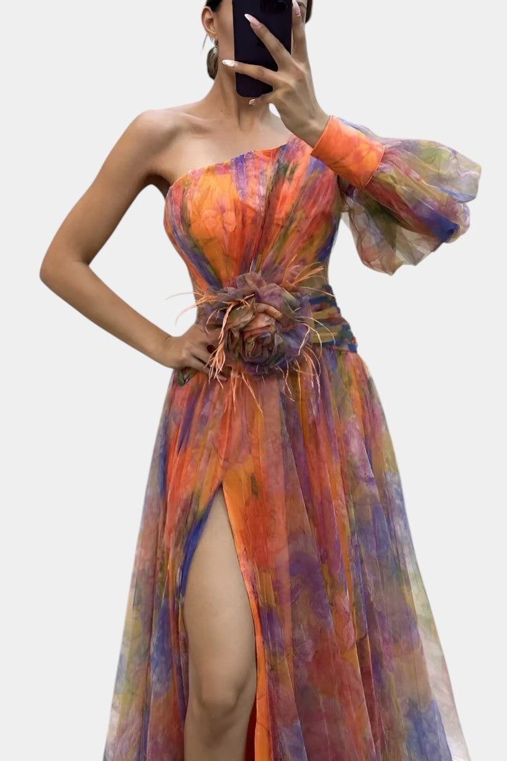 Vestido Largo Amelie Asimétrico – Elegancia de Un Hombro con Estampado Artístico