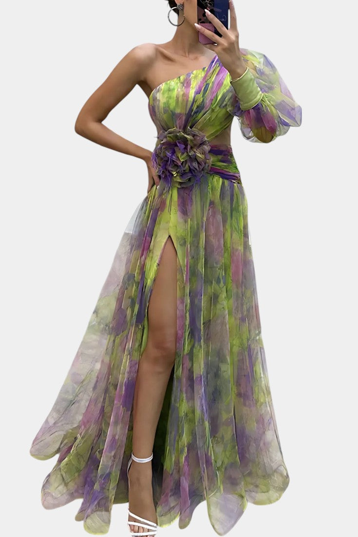 Vestido Largo Amelie Asimétrico – Elegancia de Un Hombro con Estampado Artístico