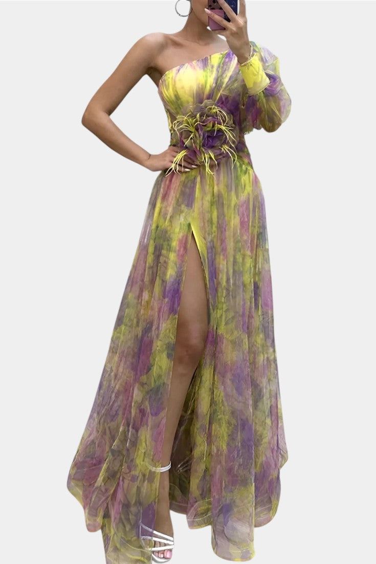 Vestido Largo Amelie Asimétrico – Elegancia de Un Hombro con Estampado Artístico