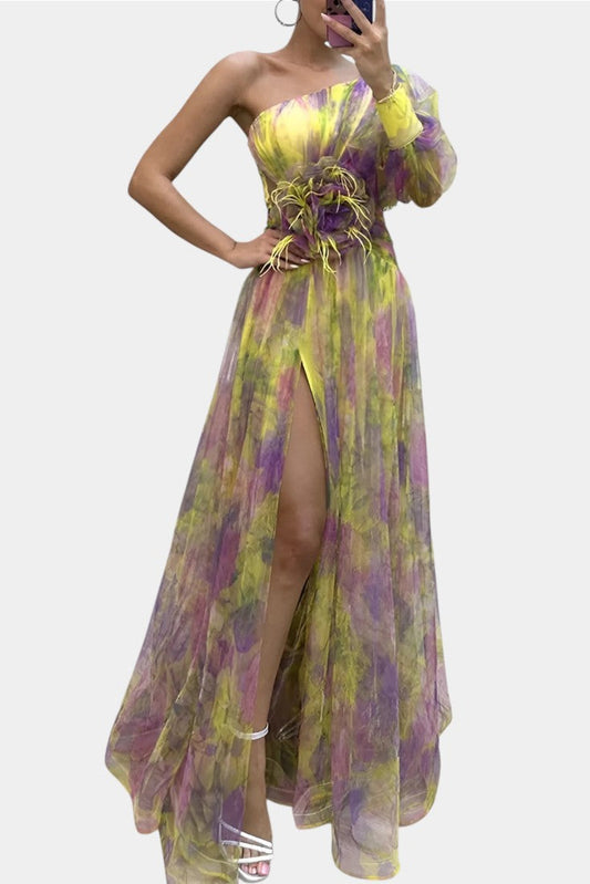 Vestido Largo Amelie Asimétrico – Elegancia de Un Hombro con Estampado Artístico