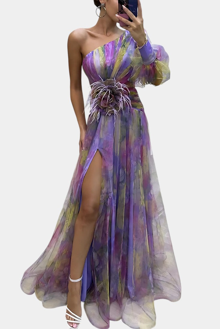 Vestido Largo Amelie Asimétrico – Elegancia de Un Hombro con Estampado Artístico