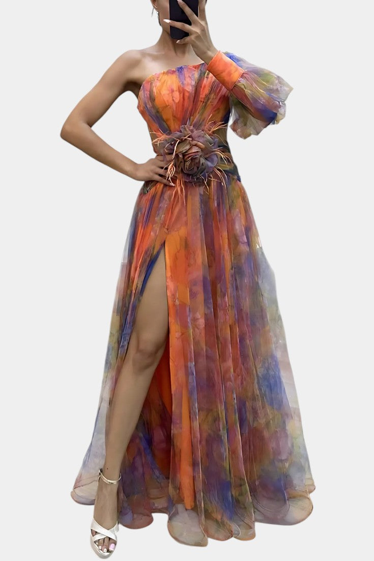 Vestido Largo Amelie Asimétrico – Elegancia de Un Hombro con Estampado Artístico