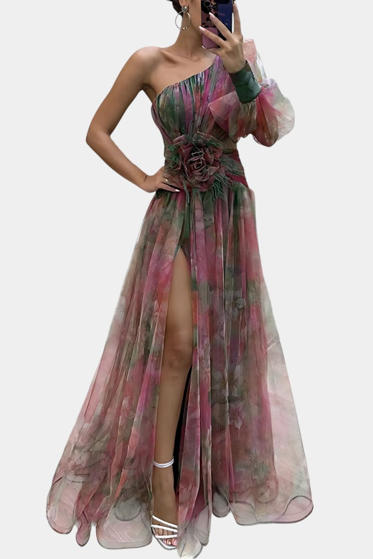 Vestido Largo Amelie Asimétrico – Elegancia de Un Hombro con Estampado Artístico