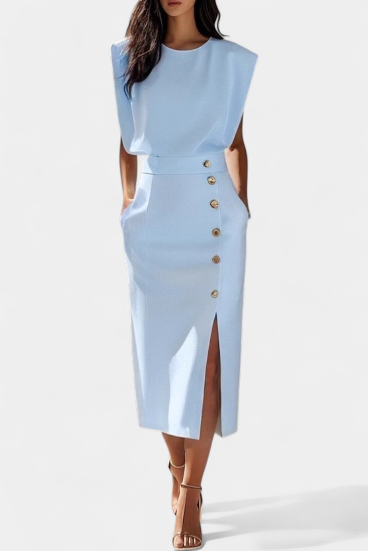 Ceecee Vestido Midi de Manga Larga con Botones Decorativos