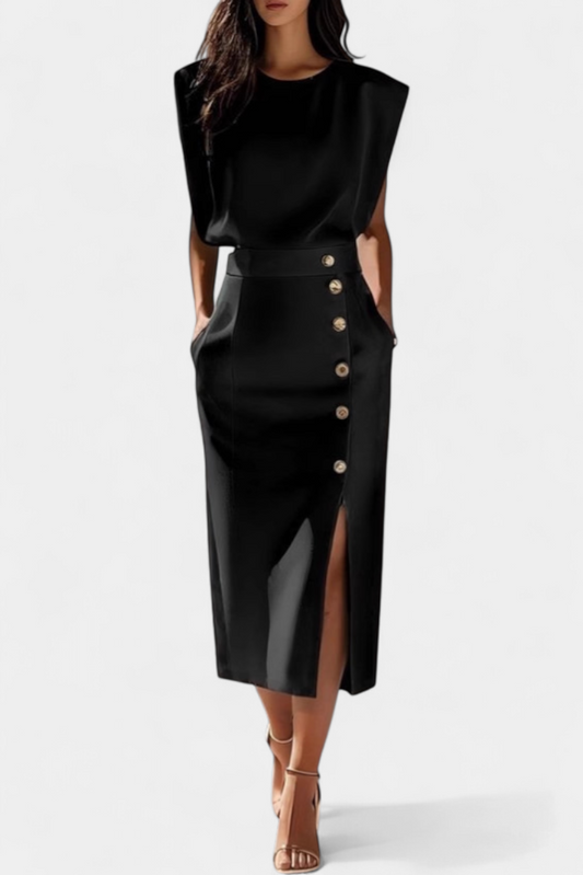 Ceecee Vestido Midi de Manga Larga con Botones Decorativos
